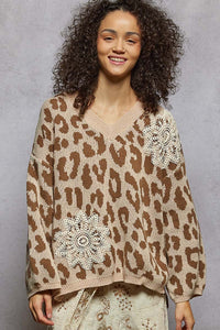 POL V Neck Long Sleeve Crochet Leopard Pattern Sweater Top