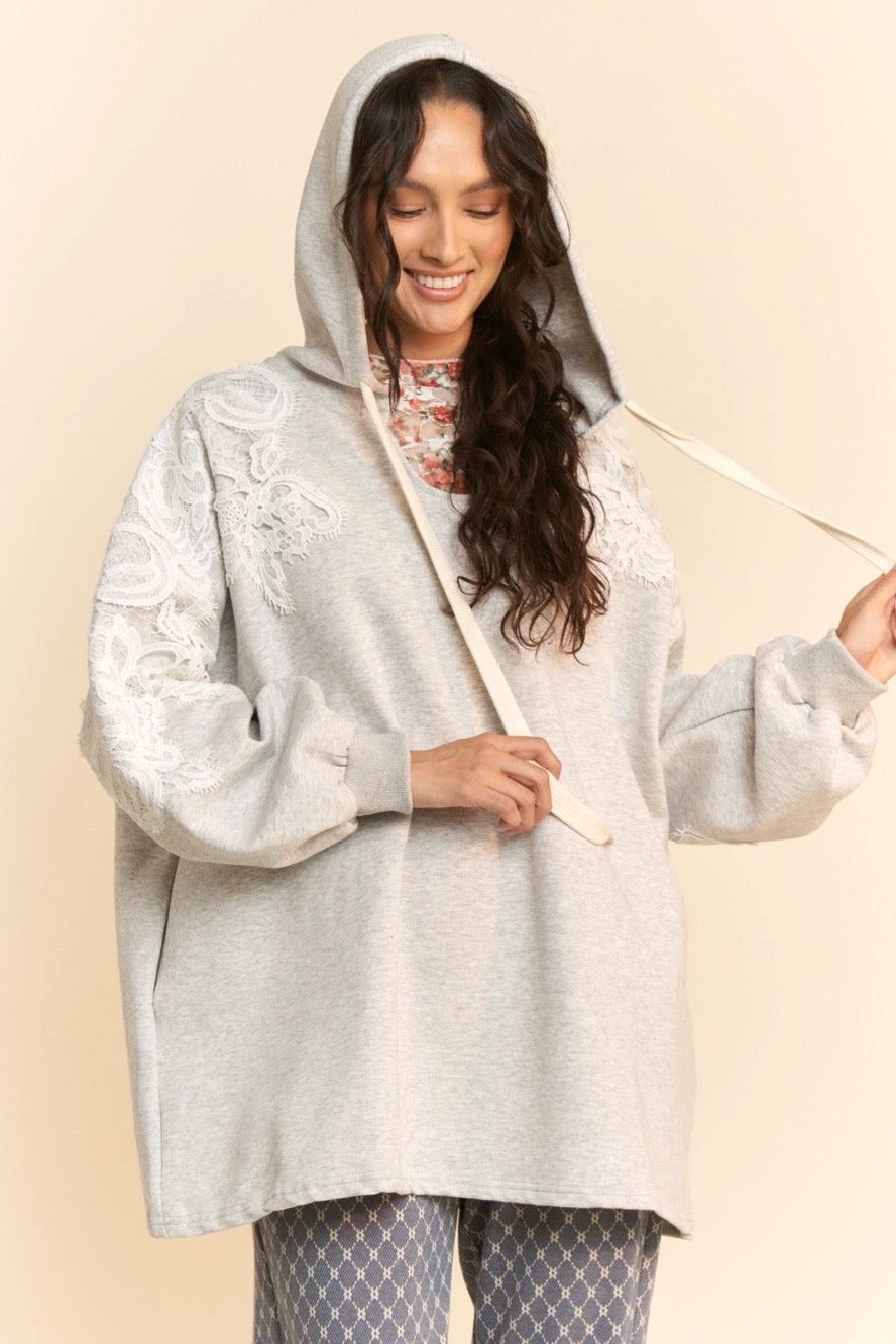 Davi & Dani Scuba V Neck  Hoodie With Lace Detailing On Sleeves - Heather Grey