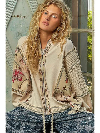 POL Cream Floral Pattern Stitch Detail Thermal Knit Hoodie Top