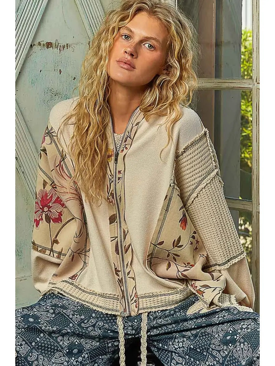 POL Solid Pattern Printed Stitch Detail Thermal Knit Hoodie Top