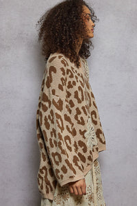 POL V Neck Long Sleeve Crochet Leopard Pattern Sweater Top