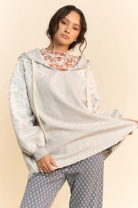 Davi & Dani Scuba V Neck  Hoodie With Lace Detailing On Sleeves - Heather Grey