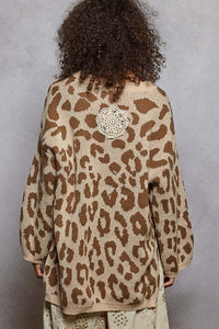 POL V Neck Long Sleeve Crochet Leopard Pattern Sweater Top