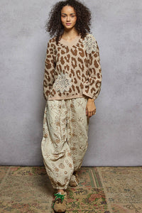 POL V Neck Long Sleeve Crochet Leopard Pattern Sweater Top