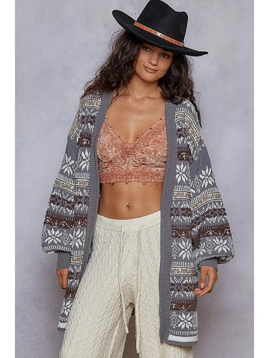 POL Balloon Sleeves Open Front Cardigan Chenille Sweater