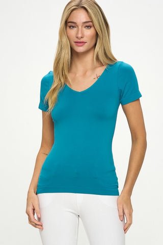 Yelete - Seamless Reversible V-Neck Short Sleeve Top - Verdigris