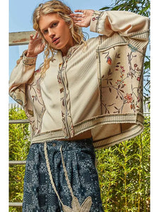 POL Solid Pattern Printed Stitch Detail Thermal Knit Hoodie Top