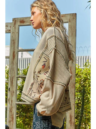 POL Cream Floral Pattern Stitch Detail Thermal Knit Hoodie Top