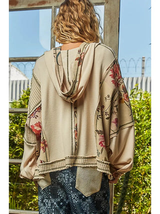 POL Cream Floral Pattern Stitch Detail Thermal Knit Hoodie Top