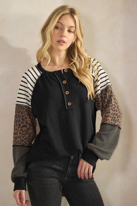 HEIMISH - LONG SLEEVE SOLID AND PRINT URBAN RIB CONTRAST TOP