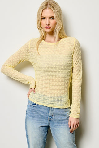 Charlotte Avery -Sheer Textured Long Sleeve Lace Top - Yellow
