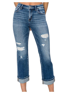 Risen Midrise Cuffed Distressed Straight Jeans