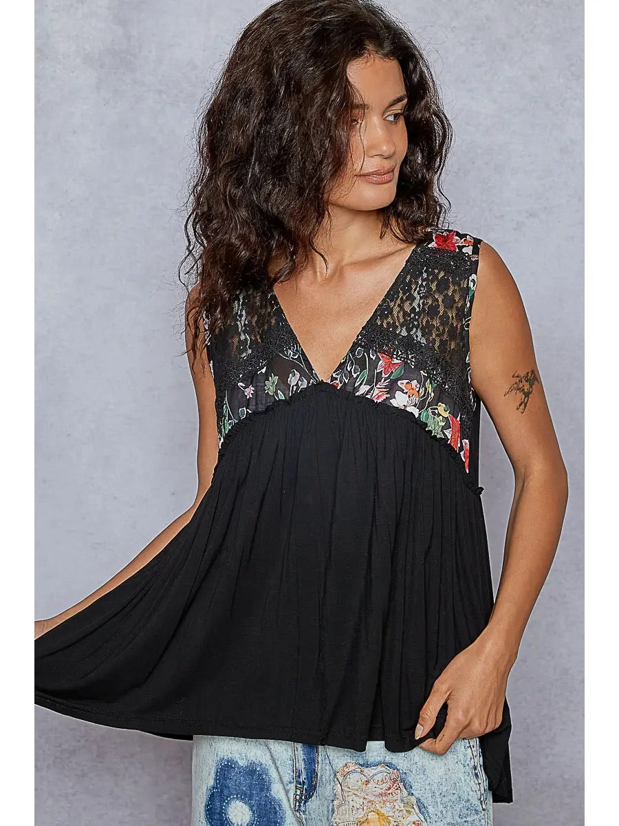 POL V-neck Sleeveless A-Line Top with Floral Trim