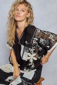 POL Hooded Tee With Floral & Crochet Detailing - Black
