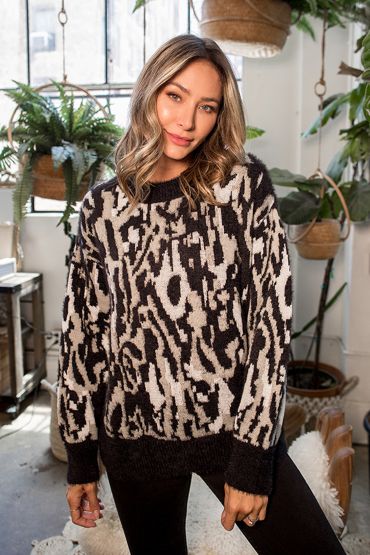 Sew In Love Crew Neck Animal Print Sweater