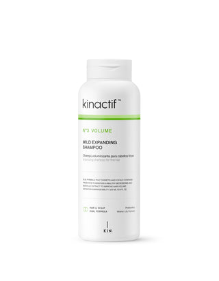 Bottle of Kinactif Mild Expanding Shampoo, 300 ml, labeled for fine hair with prebiotics and water lily extract.