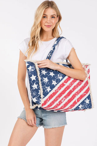 MB0270 American Flag Pattern Fringe Tote Bag