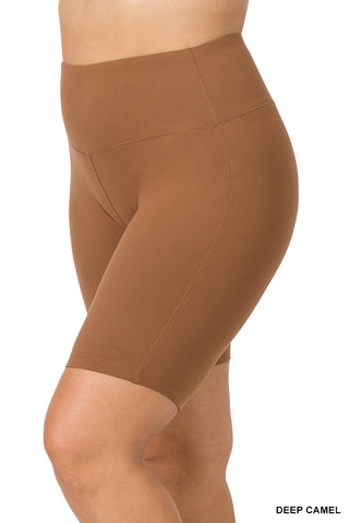 Zenana - Microfiber Wide Waistband Biker Shorts - Deep Camel