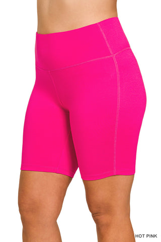 Zenana - Microfiber Wide Waistband Biker Shorts - Hot Pink