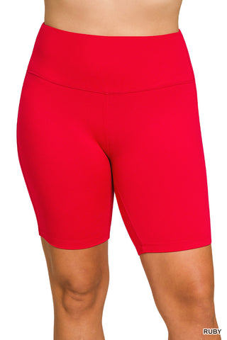 Zenana - Microfiber Wide Waistband Biker Shorts - Ruby