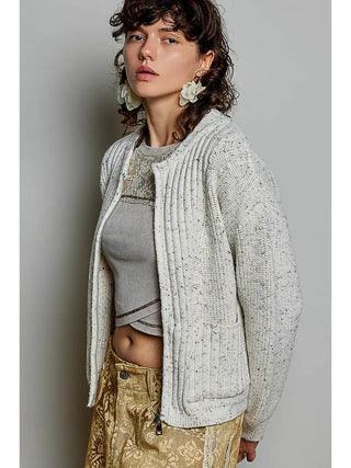 Pol - Textured Rib Knit Two Way Zip Mock Neck Cardigan Pocket
