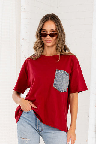 Sew In Love - Crewneck Pocket T-Shirt - Burgundy