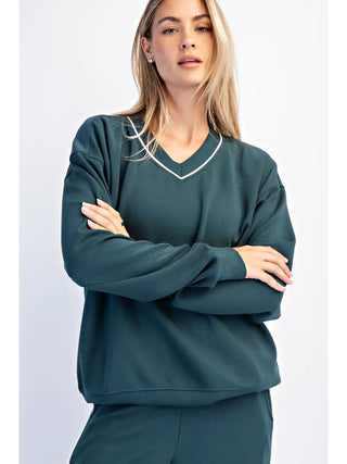 Rae Mode - Modal Scuba V Neck Piping Top - Midnight Green/Cream