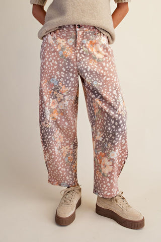 Easel - Animal Floral Print Washed Twill Barrel Pants - Bambi