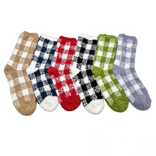 Six pairs of plush buffalo check crew socks in brown, red, green, blue, black, and purple.