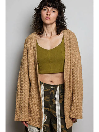 A cozy latte-colored sweater cardigan with a textured knit and adjustable drawstring detail.