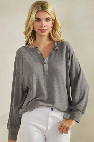 Yelete Ribbed Henley Long Sleeve Top in heather gray with button-up front and long sleeves.