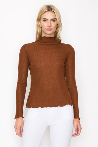 Ribbed long sleeve top in coffee with a mock neck and lettuce edge trims.