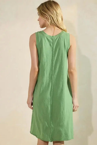 Yelete Easy Breeze Raw Edge Cotton Dress With Pockets Green Tea