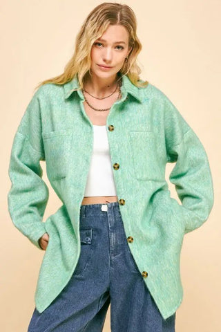 Davi & Dani Solid Fuzzy Textured Chest Pocket Button Up Jacket