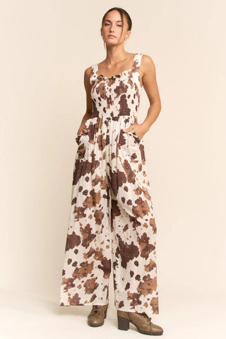 Davi & Dani Cow Camo Smocked Wide Leg Jumpsuit