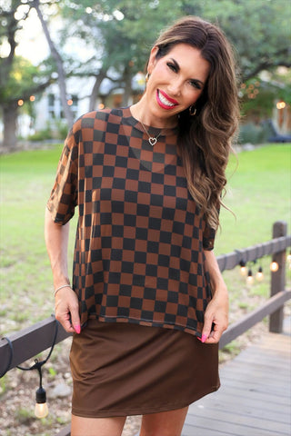 Jess Lea Emma Mesh Tee- Black And Chocolate Checkered