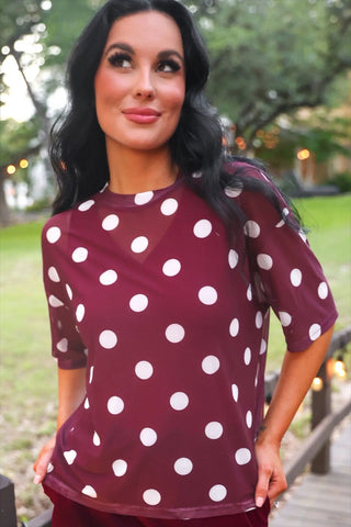 Jess Lea Emma Mesh Tee- Burgundy Polka Dot
