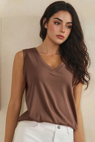 Yelete - Luxeair Ribbed Relaxed V-neck Tank Top - Coffee