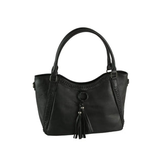 Black satchel with tassel detail and dual handles.