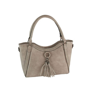 Gray satchel with tassel stitch detailing and dual top handles.