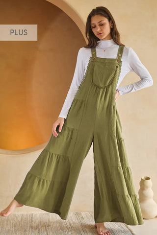Oddi - Solid Airflow Tired Wide Leg Overall Jumpsuit - Olive