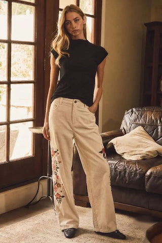 Oddi - Floral Embroidery Pants - Ivory
