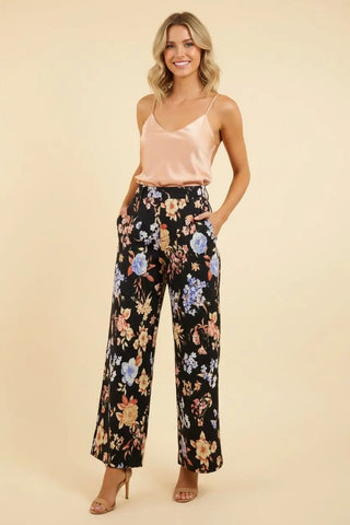 Model wearing black wide-leg pants with a floral pattern and a high waist.