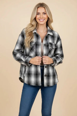 Plaid Sherpa Lined Button Down Shirt Jacket in charcoal with button closure and sherpa lining.