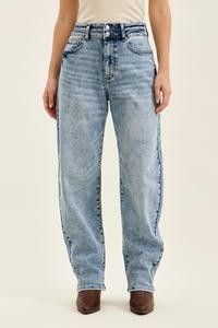 Person wearing light blue high-waisted jeans with a double waistband and arc leg design.