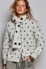 Polka dot knit cardigan in oatmeal with button front and matching scarf.