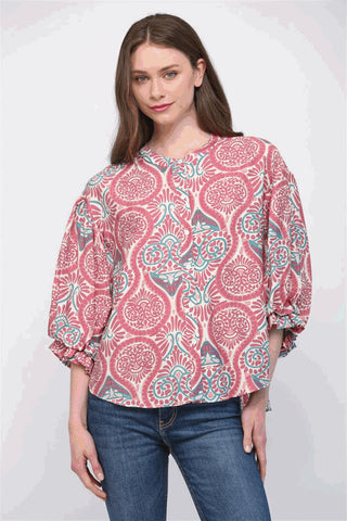 A blouse with a damask print in woodrose multi, featuring voluminous balloon sleeves and a button-down front.