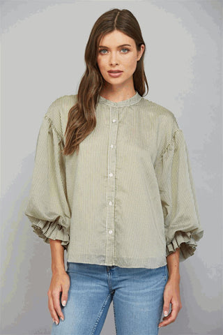 Olive green pinstripe blouse with voluminous bubble sleeves and front button closure.