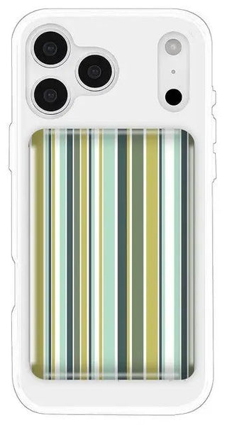 A striped magnetic wireless charger and power bank attached to a phone.