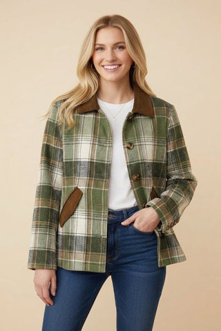 Plaid jacket in olive and brown with a classic collar and button front, worn by a person in jeans and a white tee.